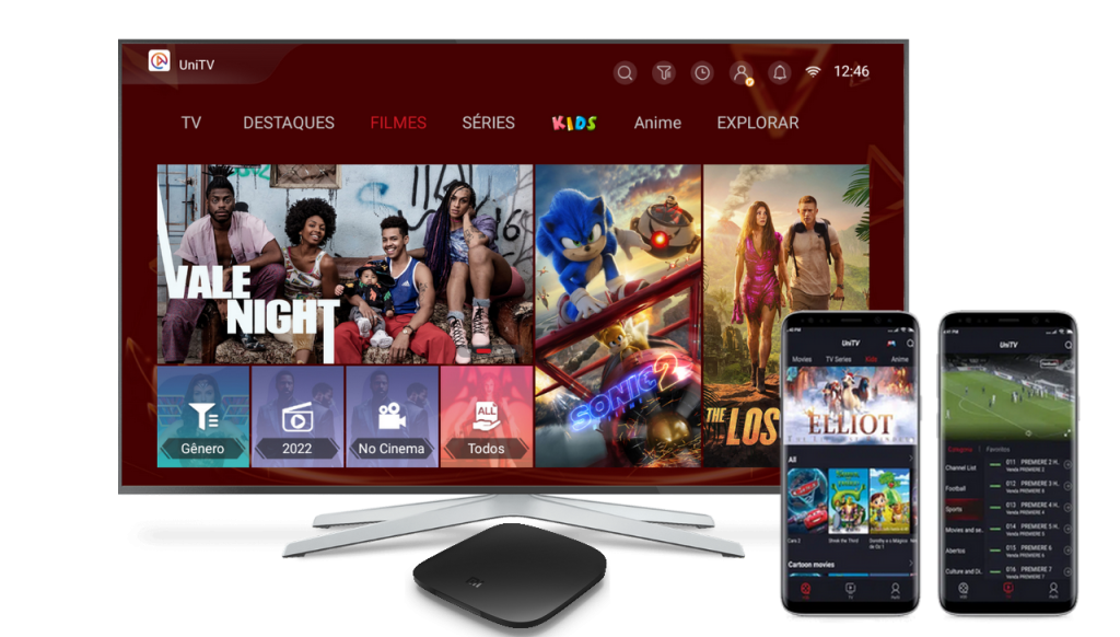 Interface do aplicativo UniTV em Smart TV, TV Box e celular